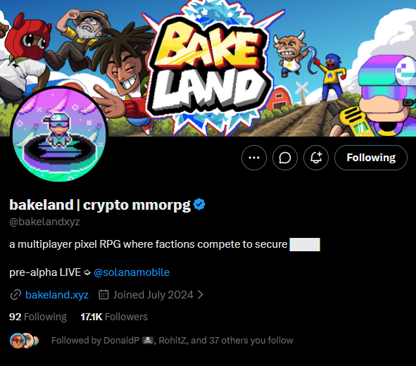 Twitter/X profile page for 'bakeland | crypto mmorpg' (@bakelandxyz) with 17.1K Followers, describing itself as 'a multiplayer pixel RPG where factions compete to secure' and noting 'pre-alpha LIVE @solanamobile'.