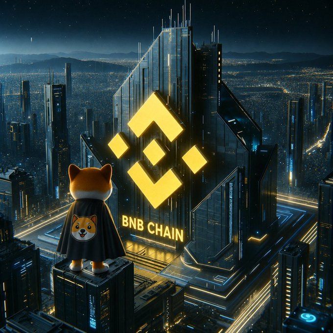 Digital artwork showing a Shiba Inu dog wearing a black BNB Chain cloak, standing on a futuristic skyscraper overlooking a glowing nighttime city with a large BNB Chain logo.