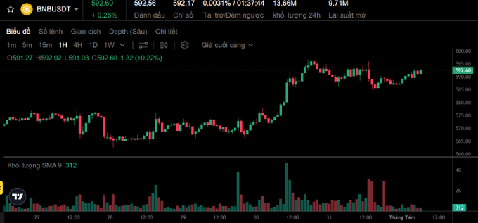 A cryptocurrency price chart for BNB/USDT showing a current price around $592.60 with a +0.26% change, displayed in Vietnamese, featuring candlestick patterns and volume indicators.
