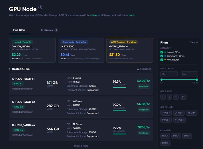 The image shows a computer screen displaying a webpage about a new GPU node browser called "thetaEdge Cloud". The browser allows users to browse AI compute and filter by GPU count, memory, and reliability before renting them. It also provides information on each node's features and capabilities. The post mentions that the browser is live on thetaedgecloud.com and encourages users to explore it for more details about what it offers.