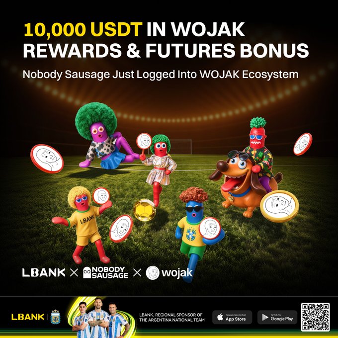 The image features a poster advertising a rewards program called WOJAK (World Of Jaunty). The poster showcases five cartoon characters representing different countries, including Brazil, Argentina, and Germany, holding up coins as if they are collecting them for their country's reward points. The text on the poster encourages people to participate in this rewards program by completing tasks or making purchases with the provided app. The image also includes a QR code that leads to more information about the WOJAK campaign and how to join it, along with an advertisement for an app called "LBank".