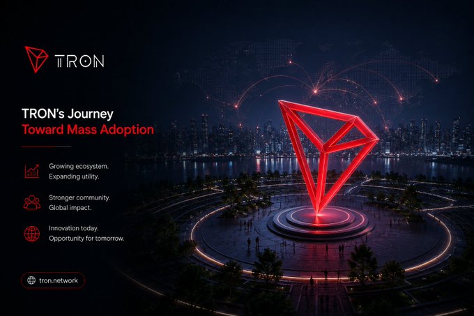 A promotional graphic titled "TRON's Journey Toward Mass Adoption" featuring a glowing red TRX diamond logo, a nightscape of a futuristic city, and bullet points highlighting a growing ecosystem, stronger community, and innovation, with the URL "tron.network".