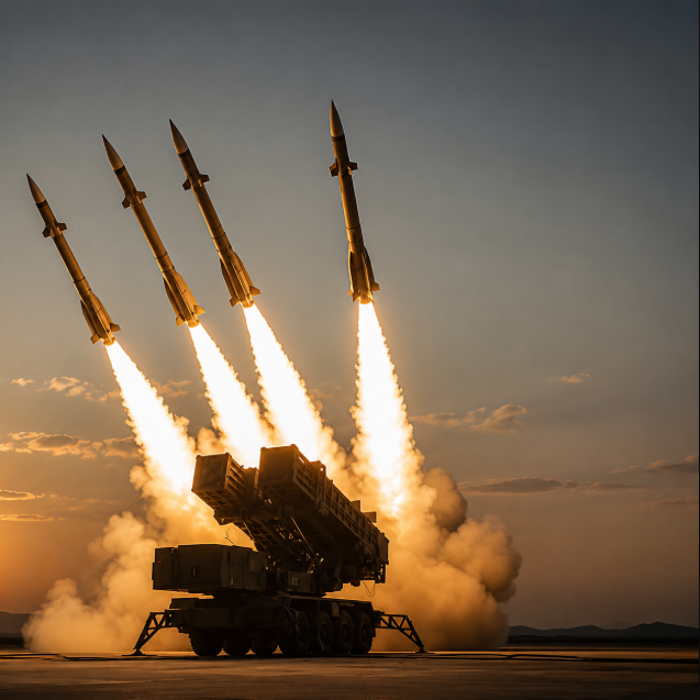 A mobile missile launcher fires four missiles simultaneously into a dramatic sunset sky, with bright exhaust trails and smoke billowing from the vehicle.
