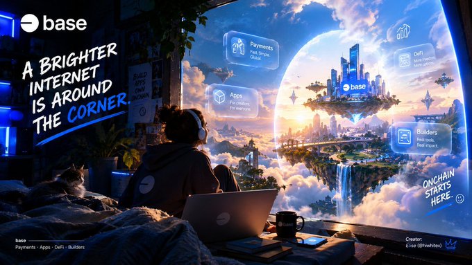 A promotional banner for Coinbase's 'base' platform with the slogan 'A BRIGHTER INTERNET IS AROUND THE CORNER', showing floating islands with icons for Payments, DeFi, Apps, and Builders.