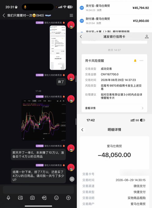 Screenshot of a phone showing a chat conversation in Chinese alongside payment/bank app screens, including a WeChat Pay transaction of -¥48,050.00 from '爱马仕商贸' (Hermès Trading) at 2026-08-29 14:30:15.