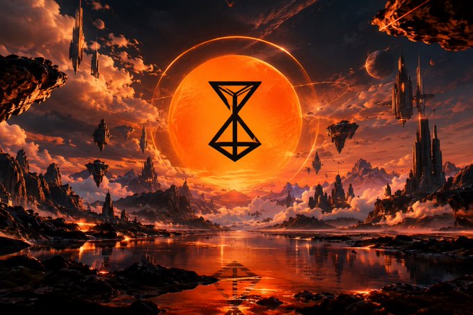 A dramatic sci-fi landscape featuring a large orange sun or planet with a black geometric symbol superimposed, surrounded by floating landmasses, gothic spires, and a reflective body of water below.