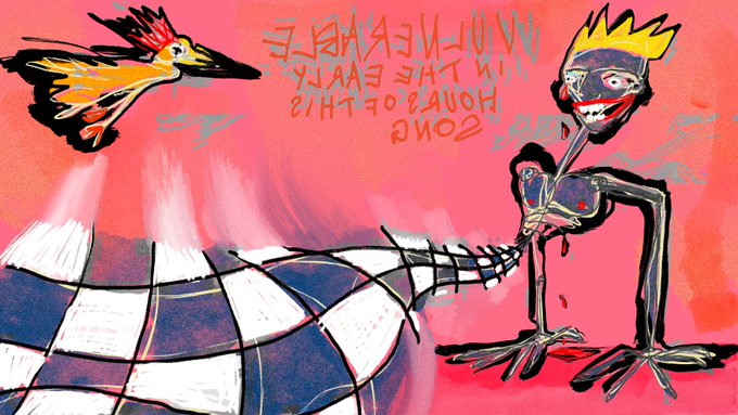 An abstract painting on a pink background featuring a bird-like figure, a checkered pattern, and a skeletal creature with a crown, accompanied by handwritten text.