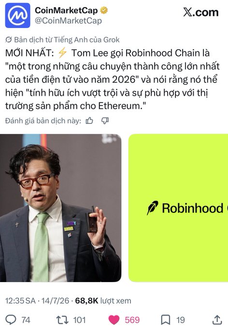A CoinMarketCap tweet in Vietnamese quoting Tom Lee calling Robinhood Chain 'one of the biggest success stories for crypto in 2026' and highlighting its 'superior utility and product-market fit for Ethereum,' posted on 14/7/26.