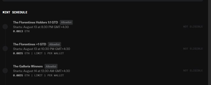 A dark-themed interface displaying a 'MINT SCHEDULE' for NFTs, listing 'The Florentines Holders' and 'The Galleria Winners' as allowlist phases, all currently marked 'NOT ELIGIBLE'.