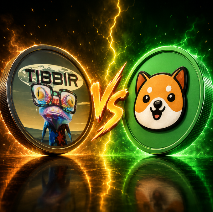 A dramatic 'VS' comparison graphic pitting a coin featuring the TIBBIR alien character against a green coin displaying a smiling Shiba Inu dog meme, surrounded by lightning effects.