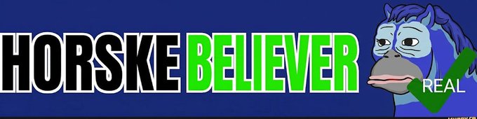 A graphic showing the text 'HORSKE BELIEVER' in large black and green letters next to a sad blue cartoon horse character, accompanied by a green checkmark and the word 'REAL'.