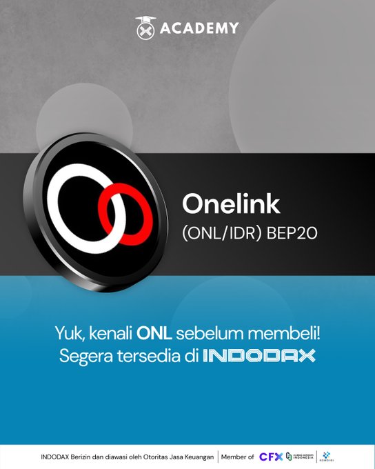 A promotional graphic for the INDODAX Academy featuring a black and red coin logo for Onelink (ONL) on a blue and black background, with Indonesian text reading "Yuk, kenali ONL sebelum membeli! Segera tersedia di INDODAX" (Get to know ONL before buying! Coming soon to INDODAX), announcing the upcoming ONL/IDR BEP20 token listing.