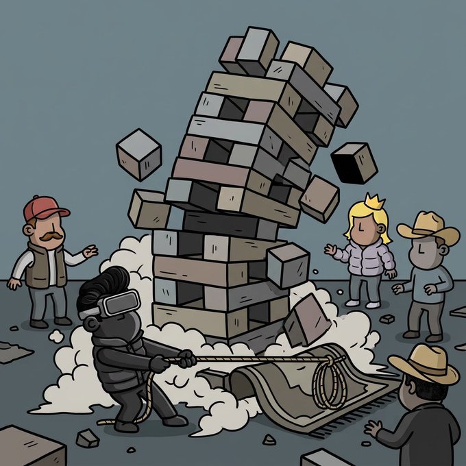 A cartoon-style illustration depicts a towering, wobbly Jenga-like block tower collapsing amid clouds of dust, with a mustachioed man in a red cap watching as a figure in VR goggles pulls a rug out from under it, while other onlookers in cowboy hats react in shock—visually representing the post's claim of a "rug pull" involving WETH on @npconchain.