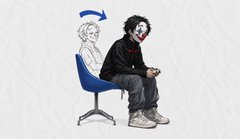 A cartoon illustration shows a person sitting hunched in a chair with a clown mask on their back, symbolizing the unsettling "joker" or hidden identity behind online personas—a fitting metaphor for a cryptic list of Twitter accounts promoting upcoming NFT and Web3 projects.