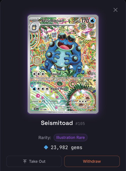 A digital Pokémon trading card for Seismitoad #105 (Illustration Rare) shown in a marketplace listing for 23,982 gems, with options to Take Out or Withdraw.