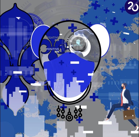 A blue-toned abstract digital illustration features a large eye/lens in the center with 'MINDSET' text, plus and minus symbols, 'POSITIVE' and 'NEGATIVE' labels, and a businessman walking with a briefcase.