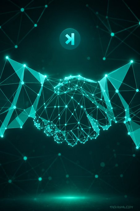 A digital art piece featuring a glowing teal handshake icon made of geometric/polygonal lines with a stylized "K" logo above it, credited to @thekaspaledgy.