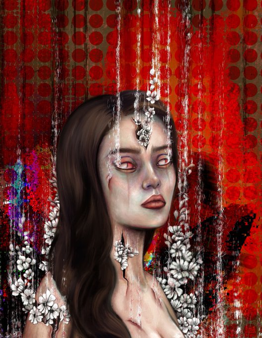 A digital artwork of a pale-skinned woman with long dark hair and red eyes, adorned with white flowers and a forehead jewel, set against a vivid red background with dripping water effects.