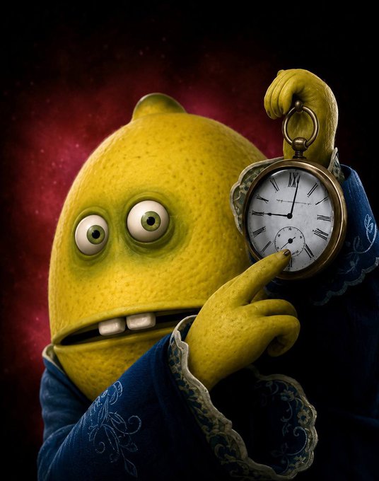 A whimsical 3D-rendered illustration of a yellow, textured character with large googly eyes and buck teeth, dressed in a blue garment, holding an antique pocket watch.