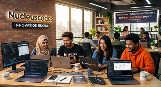 An office setting with four people working on laptops, with "NUCLEUSCODES" and "INNOVATION ENGINE" signage on the wall behind them, and a screen advertising "REACTJS | PYTHON | DJANGO | FULL-STACK DEVELOPMENT".