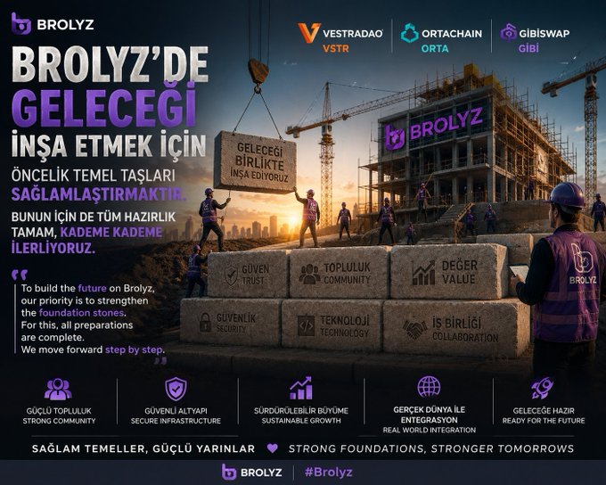 A promotional graphic for 'BROLYZ' featuring the tickers VSTR (VESTRADAO), ORTA (ORTACHAIN), and GIBI (GIBISWAP), highlighting foundation stones like Community, Trust, and Security with bilingual Turkish and English text.