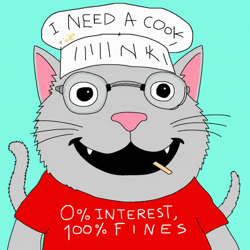 A cartoon gray cat wearing round glasses and a red shirt that reads '0% INTEREST, 100% FINES' has a note on its head saying 'I NEED A COOK' with what appears to be 'N KI' written on its cap.