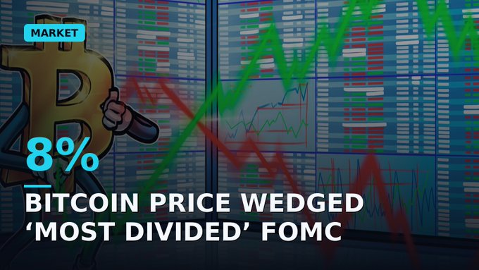 Crypto news graphic with Bitcoin imagery and the headline 'BITCOIN PRICE WEDGED 'MOST DIVIDED' FOMC' over a stock market chart backdrop.