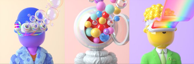 Three colorful 3D-rendered stylized characters: on the left, a purple character in a fuzzy blue jacket with a blue beanie overflowing with iridescent bubbles; in the center, a figure in a white puffy jacket with a glass dome head full of colorful spheres; and on the right, a yellow character in a green blazer with popcorn erupting from its head in a rainbow beam.