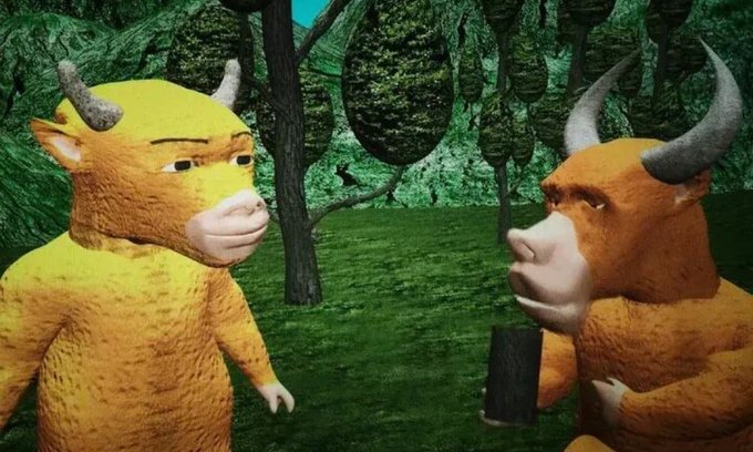 A 3D animated scene featuring two anthropomorphic cow characters, one yellow and one brown, standing face-to-face in a stylized green forest environment.