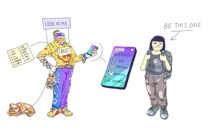 A cartoon illustration contrasts two characters: one colorful, flashy person labeled 'LOOK AT ME' with 'BORING' pants, and a simpler character labeled 'BE THIS ONE' wearing a 'BORING' shirt and holding a wallet showing $69,420.00 in SOL, CATCOIN, and DOGCOIN.