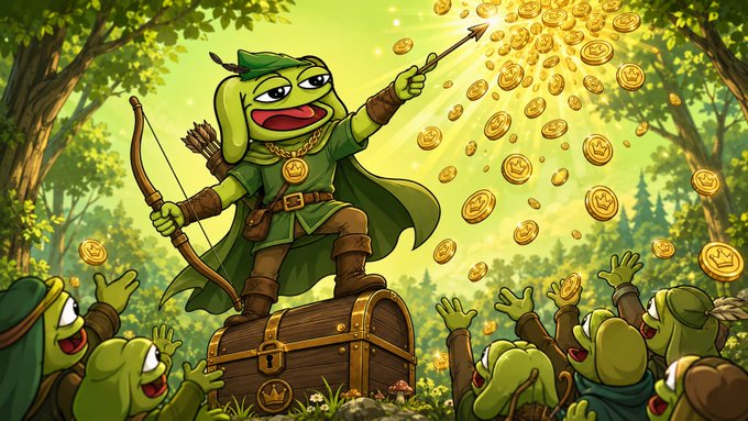 A cartoon frog archer dressed as Robin Hood stands triumphantly atop a treasure chest, raining gold coins onto a cheering crowd of adoring frogs in a forest setting. The image complements the post's theme of the team "buying back and burning" RANDY tokens, with the archer symbolizing the heroic act of redistributing wealth to loyal holders before the team rests for the night.