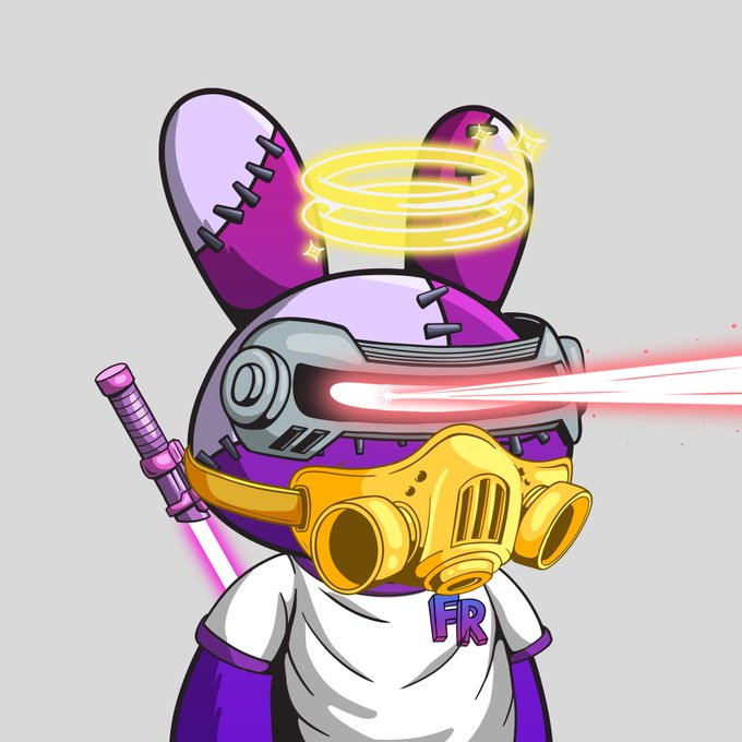 A digital illustration of a purple anthropomorphic rabbit character wearing a futuristic VR helmet emitting laser beams from its eyes, a yellow gas mask, a glowing yellow halo, and a white t-shirt with 'FR' on it.