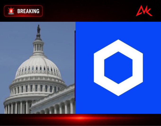 A 'BREAKING' news graphic showing the U.S. Capitol building on the left and the Chainlink (LINK) cryptocurrency logo on the right, with an 'MK' logo in the corner.
