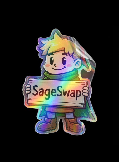 A holographic sticker featuring a cartoon character holding a wooden sign that reads 'SageSwap'.