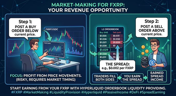 An infographic titled 'MARKET-MAKING FOR FXRP: YOUR REVENUE OPPORTUNITY' explaining how to post buy and sell orders on a Hyperliquid orderbook to earn spread income, with hashtags including #FXRP and #DeFi.