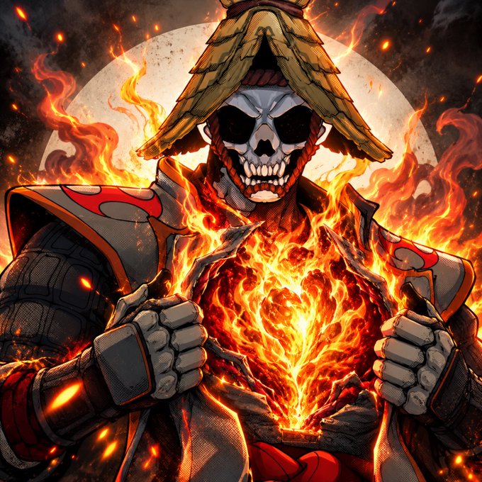 An anime-style illustration of a skeletal warrior wearing a straw hat and dark armor, revealing a flaming core within his chest.