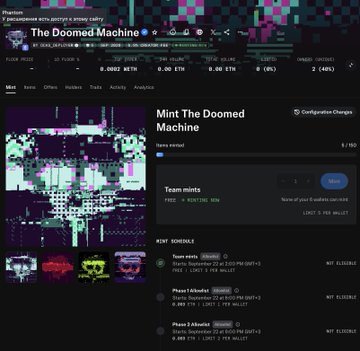 An OpenSea listing for the "Mint The Doomed Machine" NFT collection, showing it has 6,882 mints with Team mints at 99.99% sold out and team entries at 9,059.9 ETH, alongside other upcoming mints like "Fused Marsha" at 4,997.05 ETH. The image displays a glitch-style pixel art skull graphic characteristic of the collection, supporting the post's highlight of this mint as a speculative opportunity to watch.