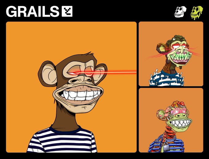 The image features three cartoon monkeys, each with different facial expressions and poses. The first monkey has its mouth open wide, while the other two have their mouths closed. They are all wearing eye glasses that appear to be laser eyes. The background of the image is orange, which contrasts with the white text on the post. The post includes a link to a website called "GrailsOTC" and mentions that the monkeys were purchased by @jeremyapes for $5.