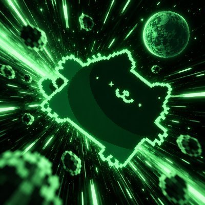 A digital illustration of a pixelated green alien character with a smiley face floating through a stylized green space scene with planets, asteroids, and starfield.