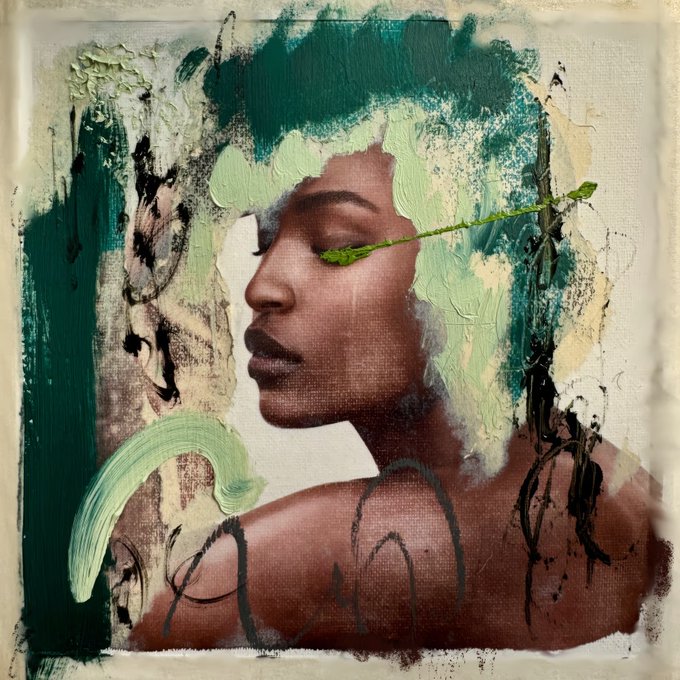 A mixed-media portrait painting shows a woman's face in profile with her eyes closed, accented by a thin green plant stem and abstract green brushstrokes.