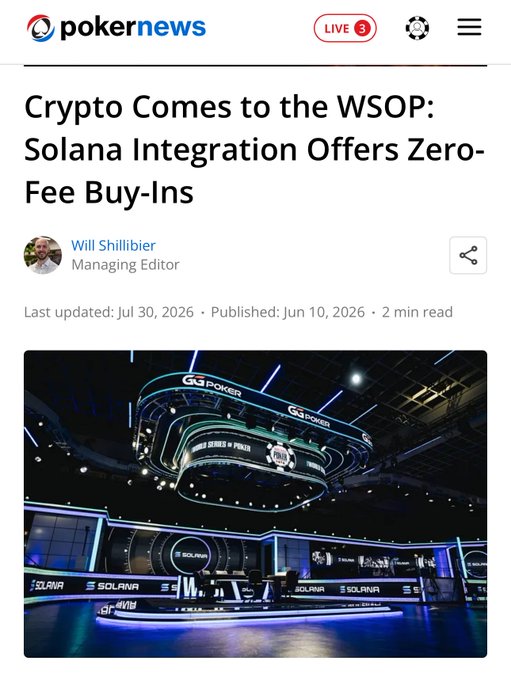 Poker News article titled "Crypto Comes to the WSOP: Solana Integration Offers Zero-Fee Buy-Ins" by Will Shillibier, Managing Editor, dated Jun 10, 2026, with an image of the WSOP poker stage featuring Solana branding.