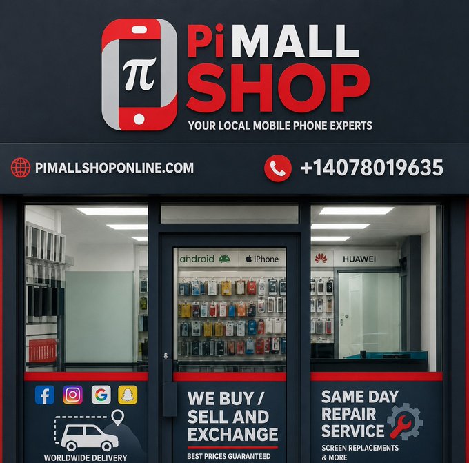 Exterior storefront of Pi Mall Shop, a mobile phone retailer advertising sales, exchanges, repairs, and worldwide delivery, with contact info pimallshoponline.com and +14078019635.