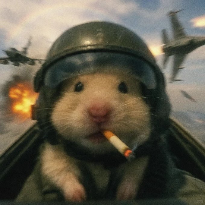 A hamster wearing a military pilot helmet smoking a cigarette, with fighter jets flying in the background.