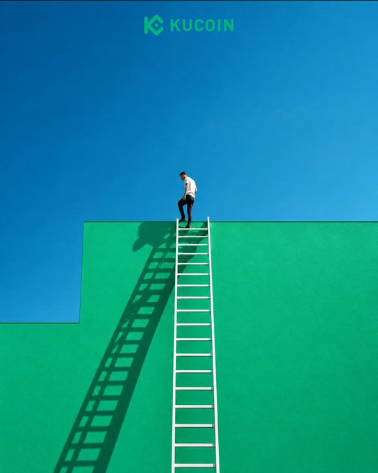 A man in a white shirt climbs a tall ladder extending from a green platform into a vast blue sky, with the "KUCOIN" logo displayed at the top. The image metaphorically illustrates the journey of escaping a prolonged consolidation phase, capturing the moment of breakthrough as he reaches above the green "consolidation zone."
