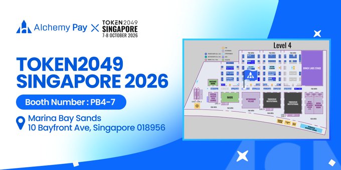 A promotional graphic for 'Alchemy Pay' at TOKEN2049 Singapore, dated 1-8 October 2026, showing booth number PB4-7 at Marina Bay Sands, 10 Bayfront Ave, Singapore 018956, with a floor map highlighting Level 4.
