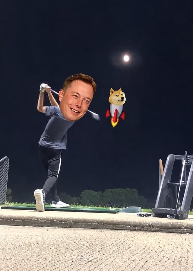 The image features a man dressed in a gray shirt, holding a golf club, with a cartoonish face drawn over his head that looks like a dog. The background of the photo shows a nighttime scene with a full moon visible above them. The caption "Market crashing... Doge: TO THE MOON" is also present in the image.