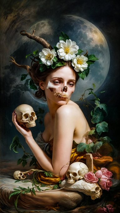A dark, gothic-style fantasy portrait of a woman with white flowers in her hair, half of her face depicted as a skull, holding another skull amid vines and roses against a full moon.