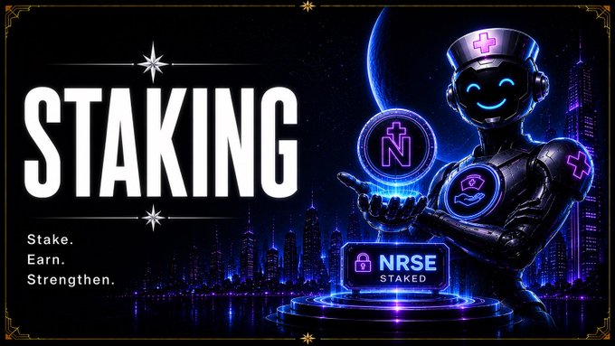 The image is a promotional graphic for "$NRSE Staking," featuring a futuristic nurse-themed robot with a glowing blue smile and a medical cross cap, holding a holographic token marked with the NRSE logo above a "NRSE STAKED" lock icon. Bold text reads "STAKING" alongside the tagline "Stake. Earn. Strengthen." The robotic nurse imagery ties directly to the NRSE brand, reinforcing the post's message that staking $NRSE is about long-term commitment and confidence rather than chasing short-term gains.