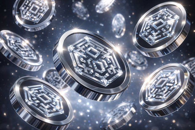 A 3D rendering of multiple silver coins featuring a geometric cube/blockchain logo floating in space against a starry blue background.