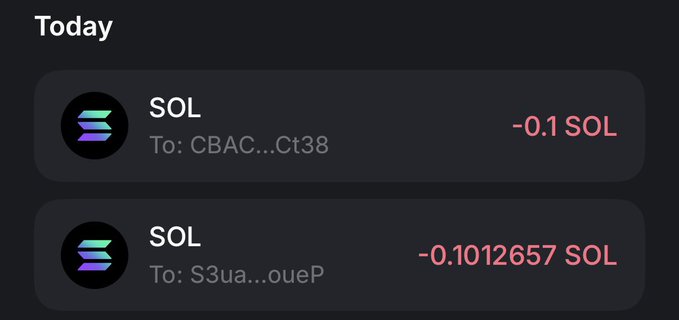 The image shows a transaction history displaying two SOL (Solana) transfers sent today from the user to two recipients: -0.1 SOL to "CBAC...Ct38" and approximately -0.1012657 SOL to "S3ua...oueP". The amounts reflect the prize being split between the two winners mentioned in the post, @Kryptoguy1_0 and @henevergivesupp.